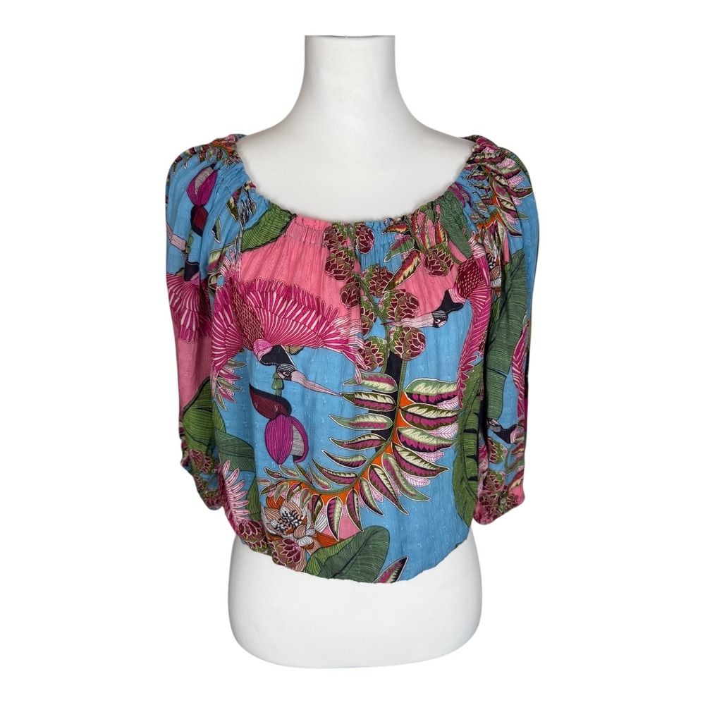 Rachel Rachel Roy Tropical Bird Print Off Shoulder Blouse Blue Pink Small